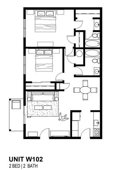 A black and white image of a floor plan for a 2 bedroom, 2 bathroom unit.
